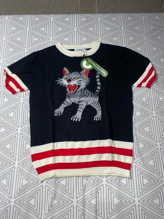 OXKnit Other - Men's Navy Short Sleeve Shirt with Embroidered Tiger - OXKNIT